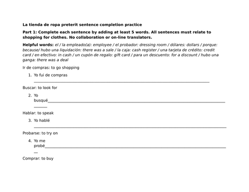 La tienda de ropa preterit sentence completion practice