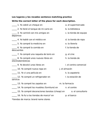 Los lugares y los recados sentence matching practice