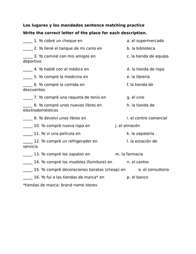 Los lugares y los mandados sentence matching practice