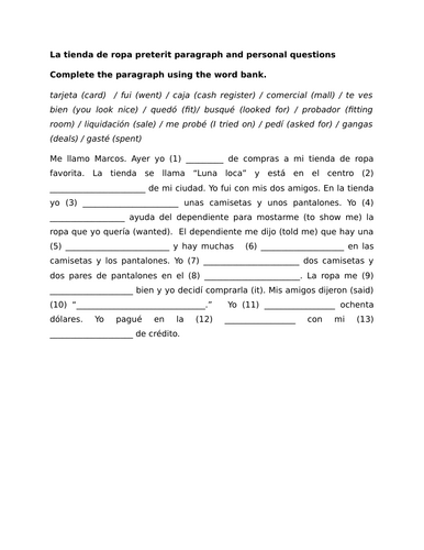 La tienda de ropa preterit paragraph and personal questions