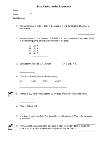 Number Assessment for Functional Skills Maths L2