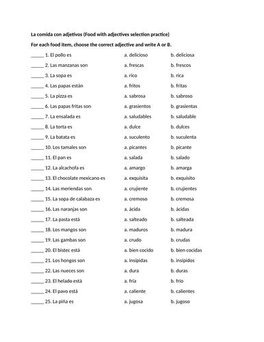 La comida con adjetivos (Food with adjectives selection practice)