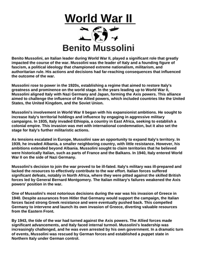 Benito Mussolini “Article & Questions” Assignment (World War II)