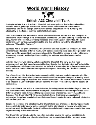 British A22 Churchill Tank “Article & Questions” Assignment (World War II)