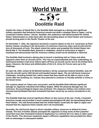 Doolittle Raid “Article & Questions” Assignment (World War II)
