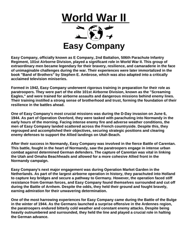 Easy Company “Article & Questions” Assignment (World War II)