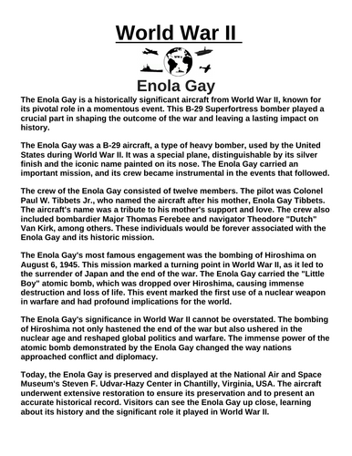 Enola Gay “Article & Questions” Assignment (World War II)