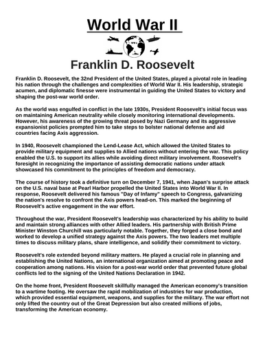 Franklin D. Roosevelt “Article & Questions” Assignment (World War II)