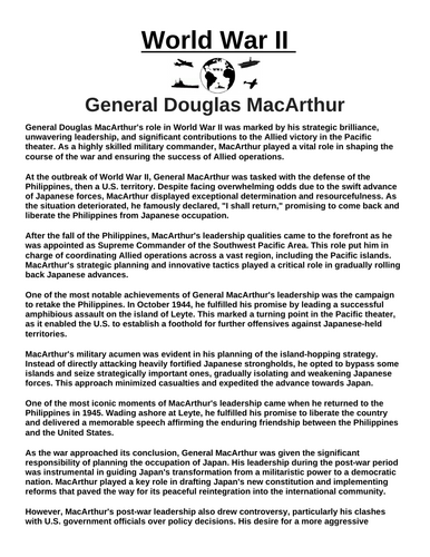 General Douglas MacArthur “Article & Questions” Assignment (World War II)