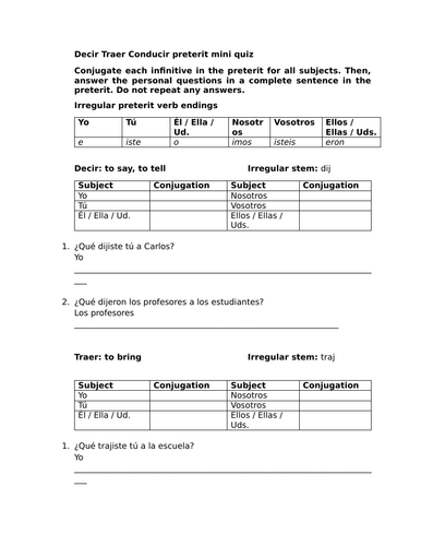 Decir Traer Conducir preterit mini quiz