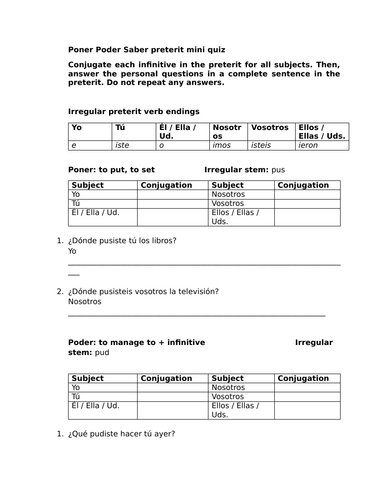Poner Poder Saber preterit mini quiz