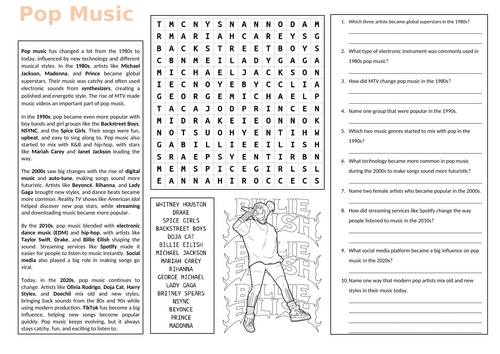 Pop Music Worksheet (cover lesson)