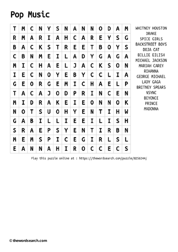 Pop Music Word Search
