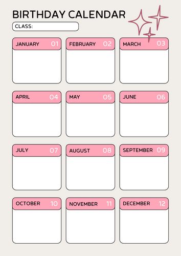 Class Birthday Calendar