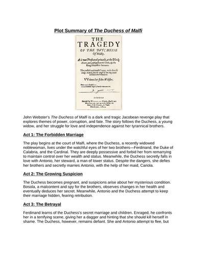 Plot summary sheet Duchess of Malfi