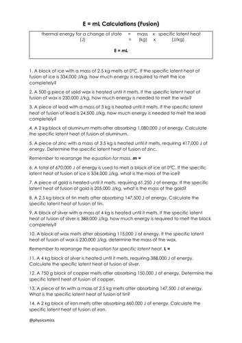 GCSE Physics Worksheets [E = mL] Latent Fusion Calculations w solutions