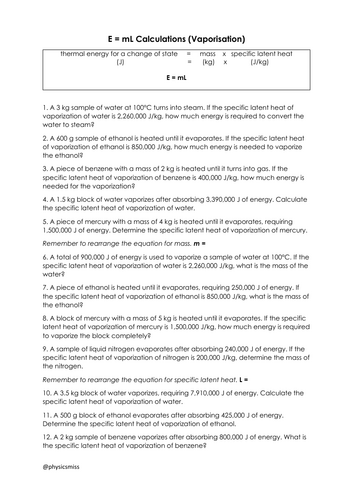 GCSE Physics Worksheets [E = mL] Latent Vaporisation Calculations w solutions