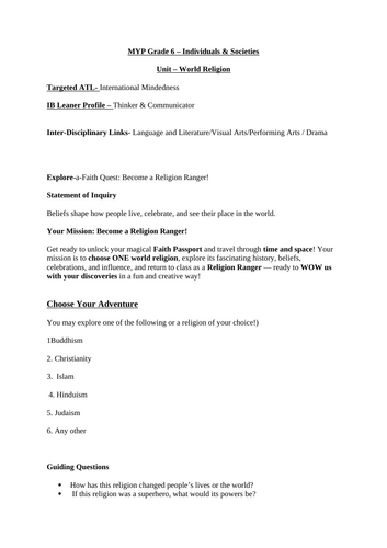 End of Unit - Summative Task-MYP Y1- World Religions