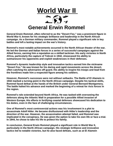 General Erwin Rommel “Article & Questions” Assignment (World War II)