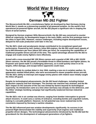 German ME-262 Fighter “Article & Questions” Assignment (World War II)