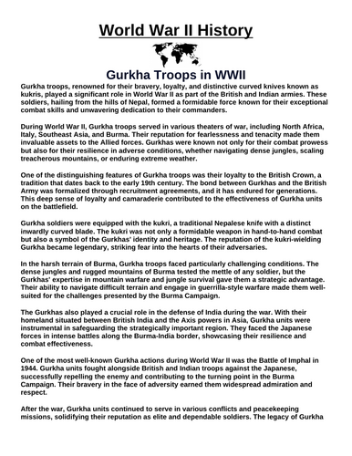 Gurka Troops in WWII “Article & Questions” Assignment (World War II)