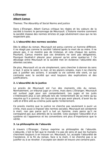 L’Étranger - Albert Camus - Themes: The Absurdity of Social Norms and Justice - A Level French