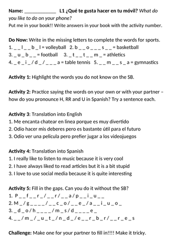 Y7 Tu móvil cover worksheet + sentence b