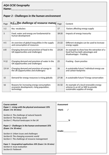 AQA GCSE 9-1 Geography - Section C - Challenge of resource management work booklet (Inc Energy)