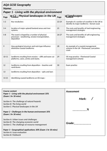 AQA GCSE 9-1 Geography -Section C: UK physical landscapes + Coastal landscapes work booklet