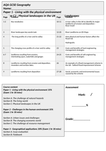 AQA GCSE 9-1 Geography - Section C: River landscapes in the UK work booklet