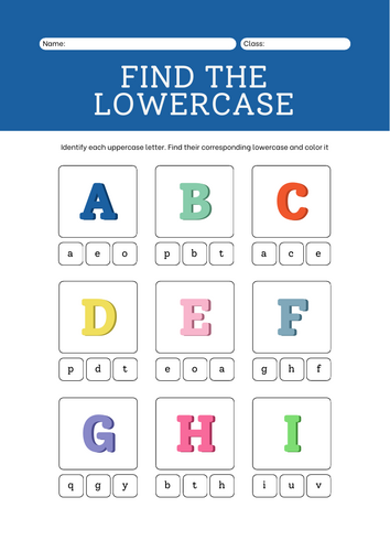 Find the Lowercase Set of Worksheets in Colorful Bold Style