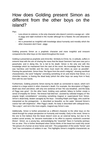 LOTF Exemplar Essay: Simon as different from the other boys on the island