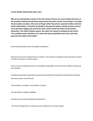 A LEVEL FRENCH COMPREHENSION EXERCISE with suggested answers