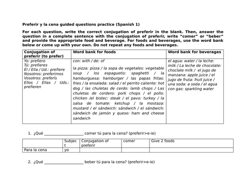 Preferir y la cena guided questions practice (Spanish 1)
