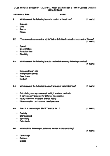 GCSE PE MOCK Exam Paper A with full mark scheme - Paper 2 Content