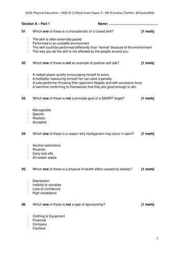 GCSE PE MOCK Exam Paper B with full mark scheme - Paper 2 Content.