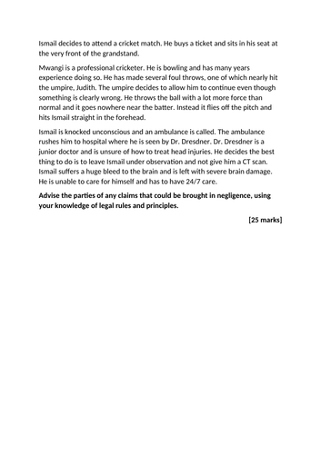 A-Level Law: Standard of Care & Causation Negligence Scenario Question + Model + Plan - Eduqas Tort