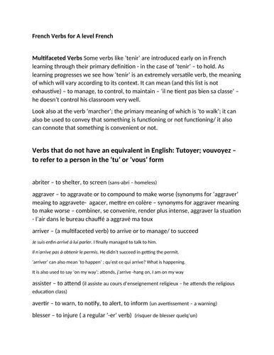 A LEVEL FRENCH ambitious verbs A*