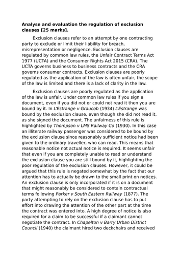A-Level Law: 2022 Exclusion Clauses Evaluation Model Plan + Model Answer - Eduqas Contract Law