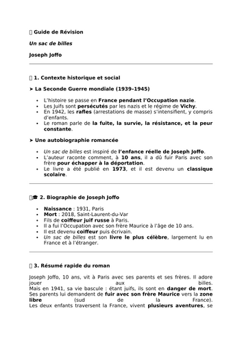 Un sac de billes by Joseph Joffo - Essential Revision Guide - A Level French