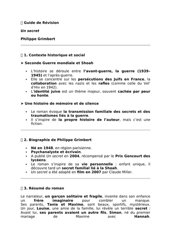 Un secret by Philippe Grimbert - Essential Guide - A Level French