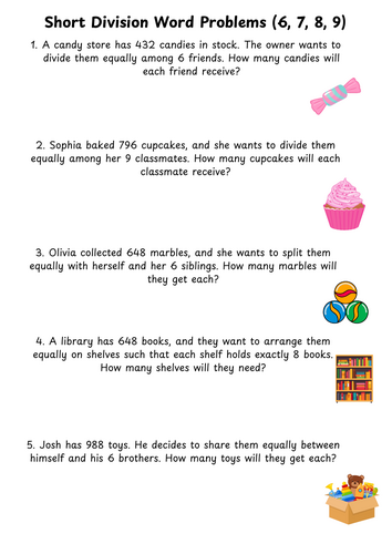 Division by 6, 7, 8, 9, 11 and 12 Short Division Word Problems