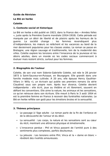 Le Blé en herbe  - Colette - Essential Guide - A Level French