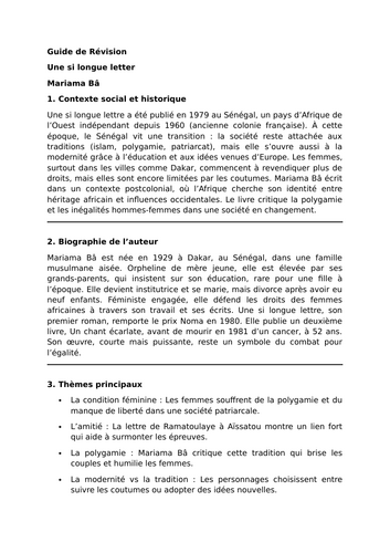Une si longue letter - Mariama Bâ - Essential Guide - A Level French
