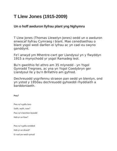 Adnodd Dysgu: BLWYDDYN 4 a 5 Astudio Cerddi T. LLEW JONES