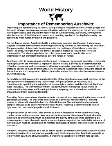 Importance of Remembering Auschwitz “Article & Questions” Assignment (World War II)