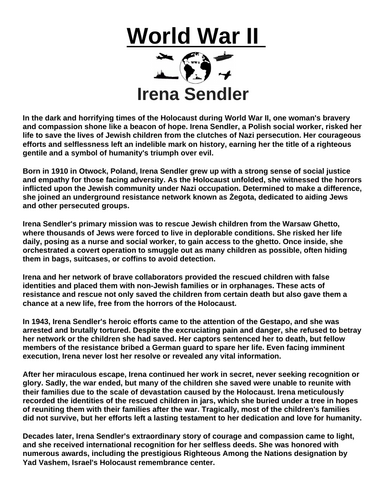 Irena Sendler “Article & Questions” Assignment (World War II)