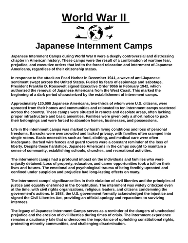 Japanese Internment Camps “Article & Questions” Assignment (World War II)