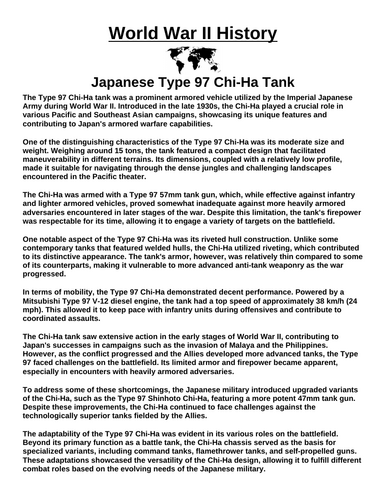Japanese Type 97 Chi-Ha Tank “Article & Questions” Assignment (World War II)