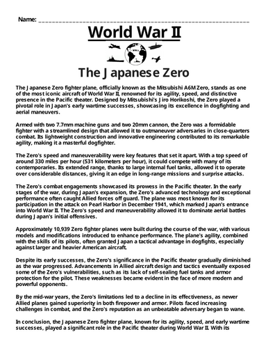 Japanese Zero “Article & Questions” Assignment (World War II)